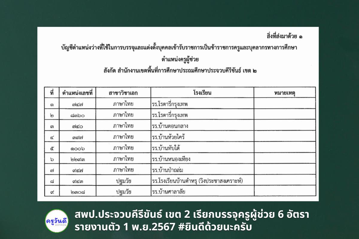 สพป.ประจวบคีรีขันธ์ เขต 2 เรียกบรรจุครูผู้ช่วย 6 อัตรา - รายงานตัว 1 พ.ย.2567