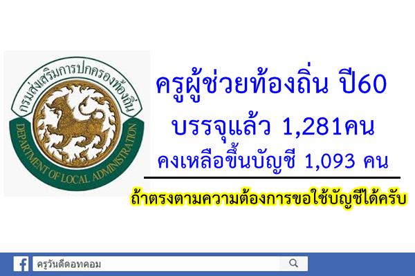 ครูผู้ช่วยท้องถิ่น บรรจุแล้ว 1,281คน คงเหลือขึ้นบัญชี 1,093 คน ถ้าตรงตามความต้องการขอใช้บัญชีได้ครับ