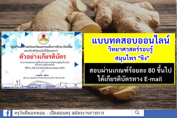 แบบทดสอบออนไลน์ วิทยาศาสตร์รอบรู้สมุนไพร "ขิง" สอบผ่านได้เกียรติบัตรทาง E-mail