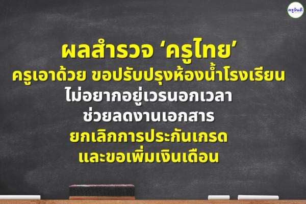 ผลสำรวจ ‘ครูไทย’ ครูเอาด้วยขอปรับปรุงห้องน้ำ ไม่อยากอยู่เวรนอกเวลา ช่วยลดงานเอกสาร และขอเพิ่มเงินเดือน