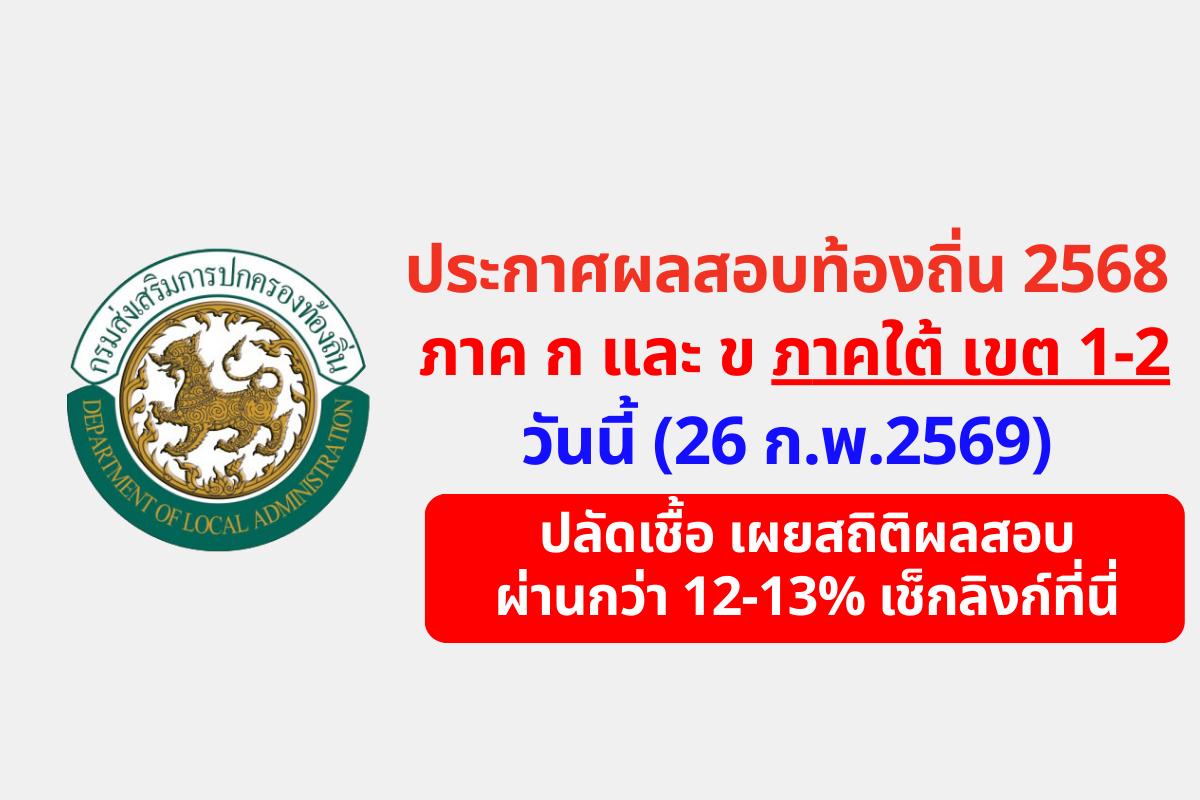 ด่วน! ประกาศผลสอบท้องถิ่น 2568 (ล่าสุด ปี 2569) ภาคใต้ เขต 1-2 วันนี้ (26 ก.พ.) เช็กสถิติผู้สอบผ่านภาค ก. และ ข.