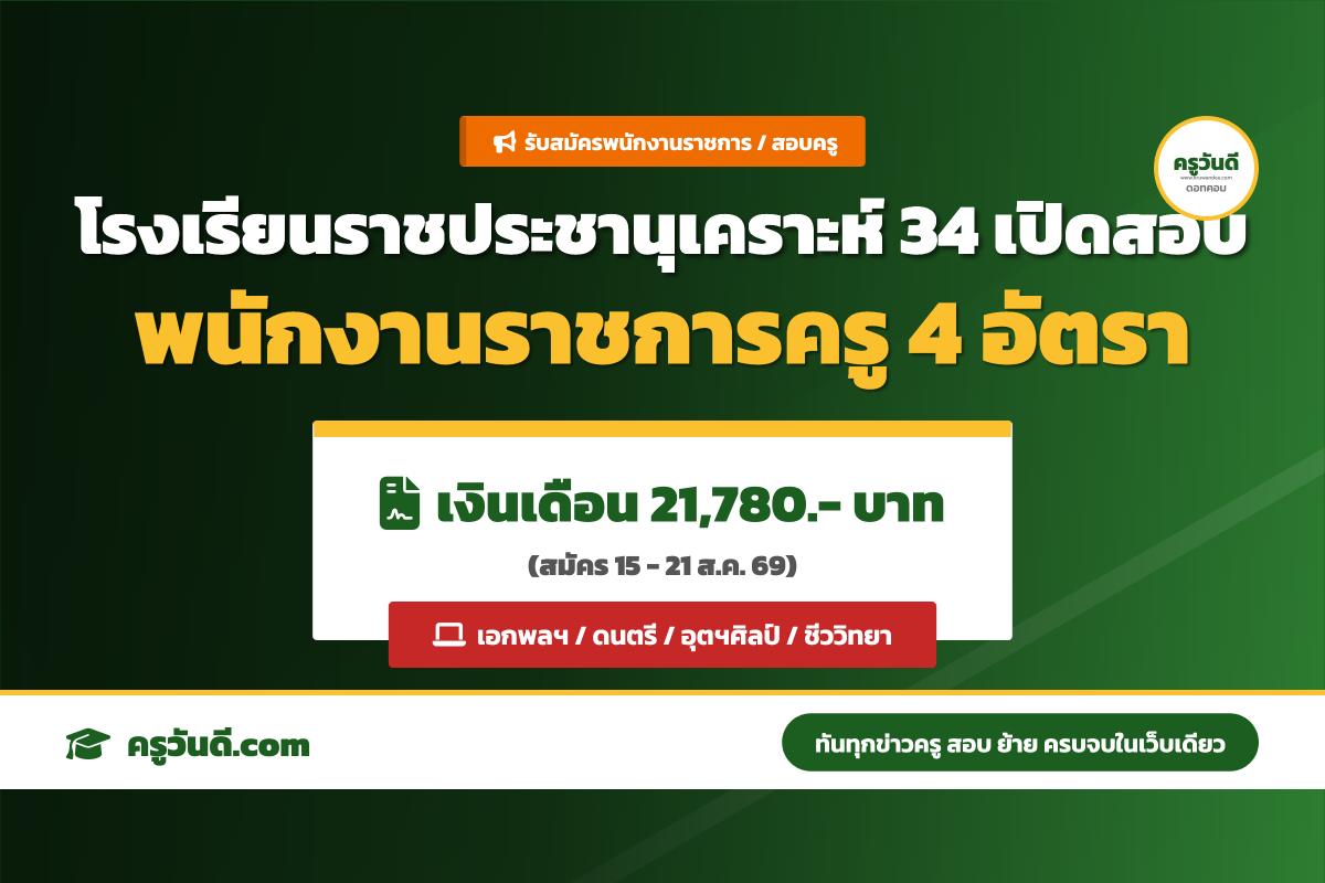โรงเรียนราชประชานุเคราะห์ 34 จังหวัดแม่ฮ่องสอน รับสมัครพนักงานราชการ ตำแหน่งครูผู้สอน 4 อัตรา (15-21 ส.ค. 69)