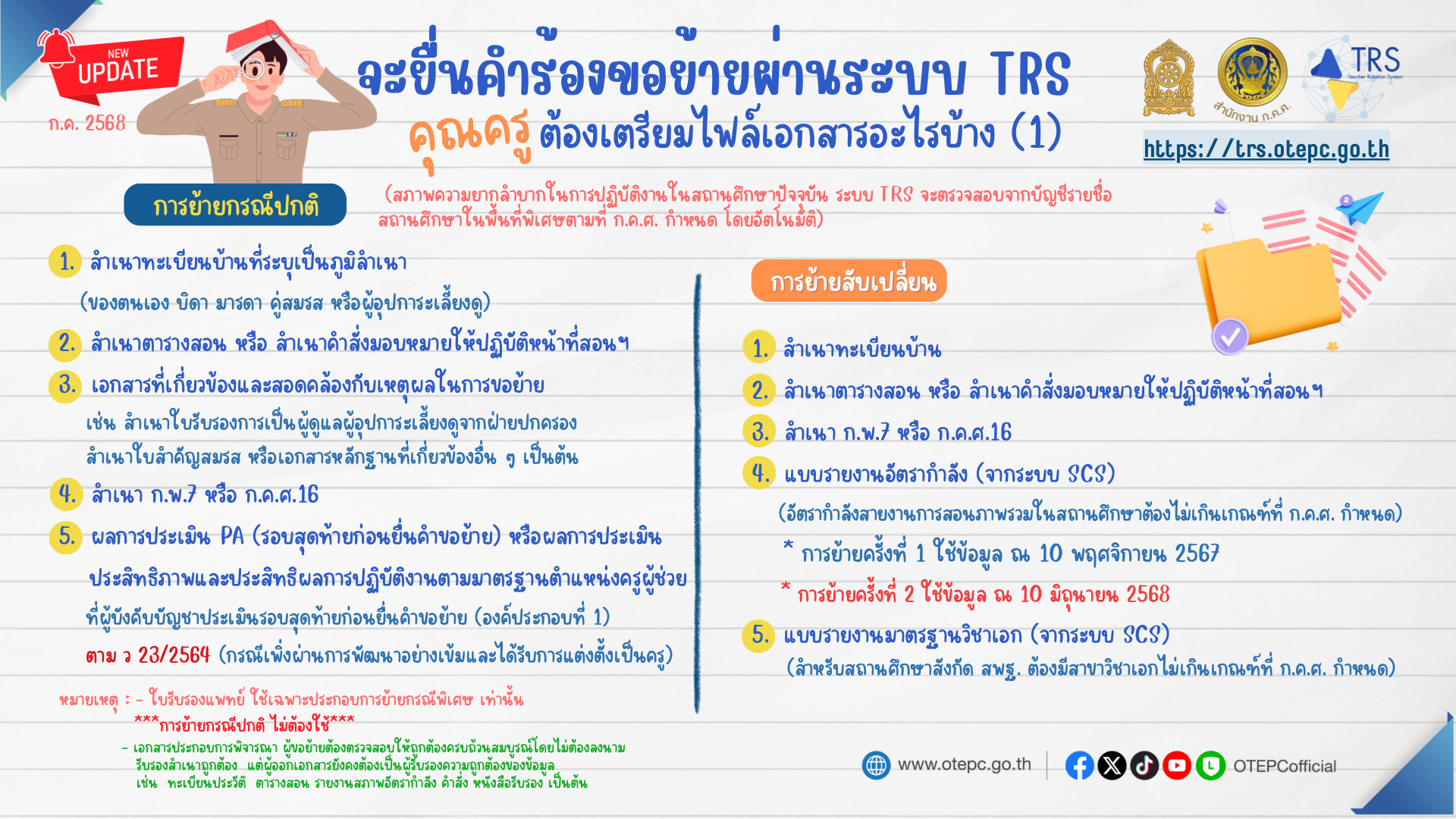 ไฟล์เอกสารหลักฐานที่คุณครูต้องเตรียมสำหรับการยื่นคำร้องขอย้ายผ่านระบบ TRS