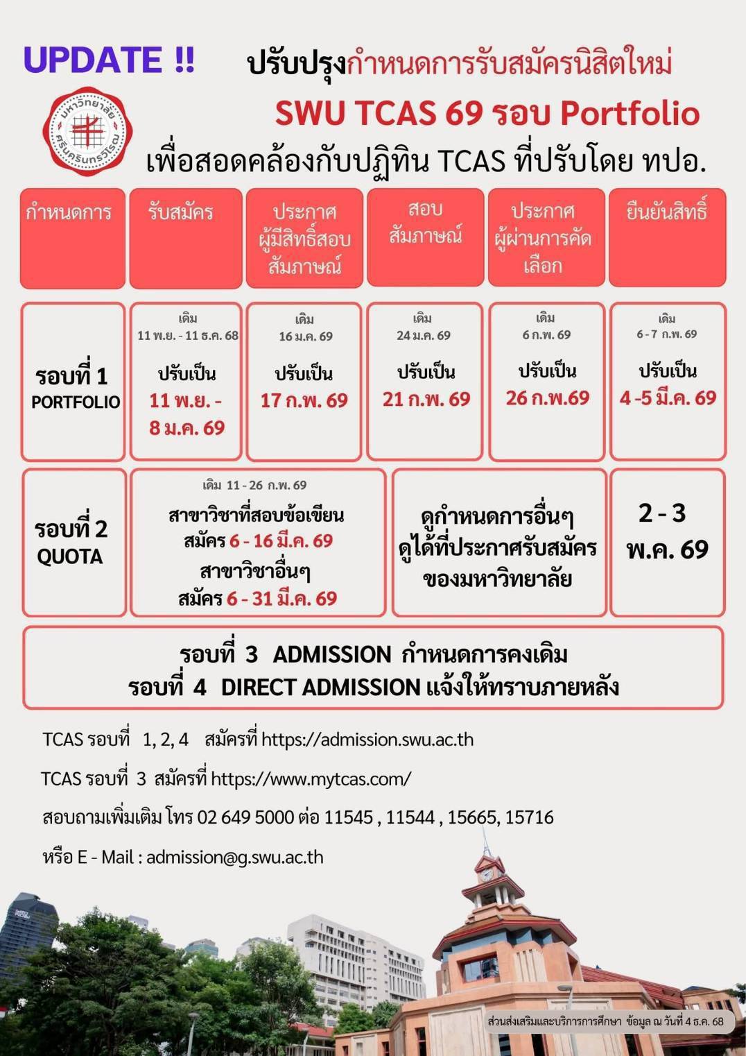 ปฏิทินรับสมัคร มศว TCAS69