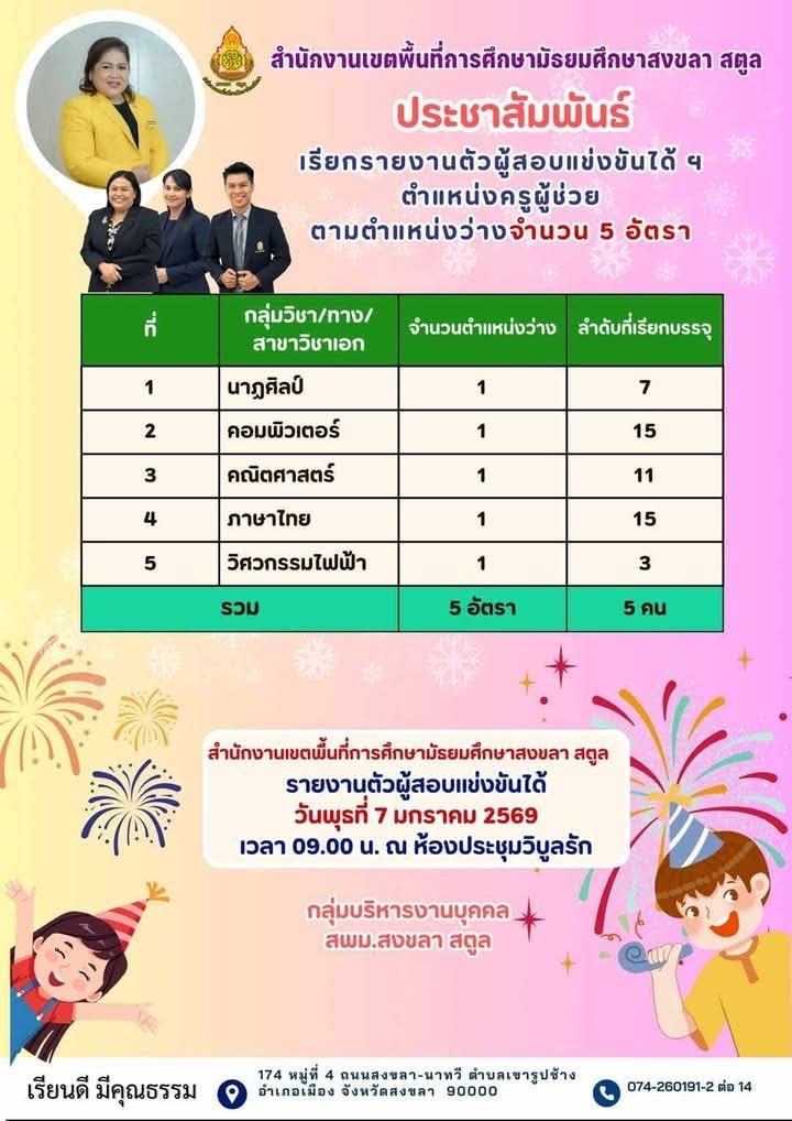 ประกาศ สพม.สงขลา สตูล เรียกบรรจุครูผู้ช่วย 5 อัตรา