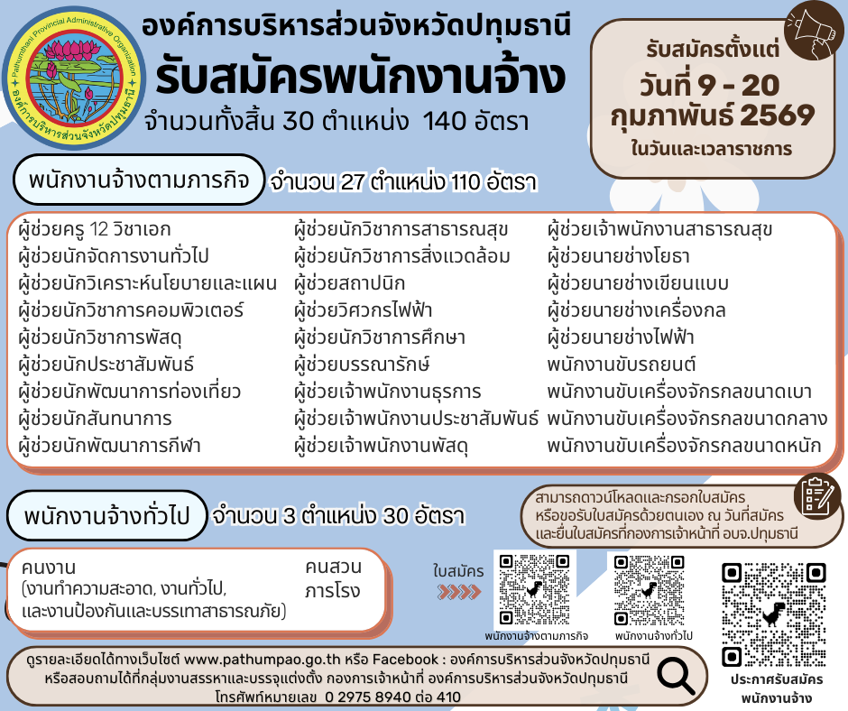 ประกาศรับสมัครงาน อบจ.ปทุมธานี