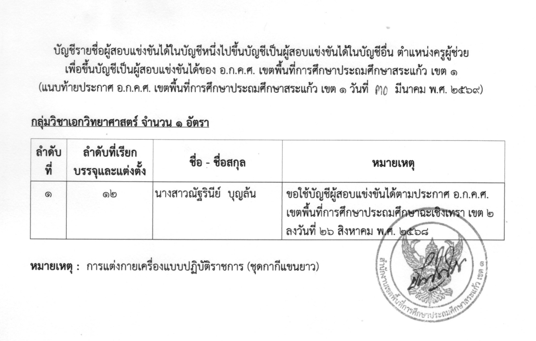 ประกาศ อ.ก.ค.ศ. เขตพื้นที่การศึกษาประถมศึกษาสระแก้ว เขต 1 การนำรายชื่อผู้สอบแข่งขันได้ในบัญชี สพป.ฉะเชิงเทรา เขต 2 ไปขึ้นบัญชี